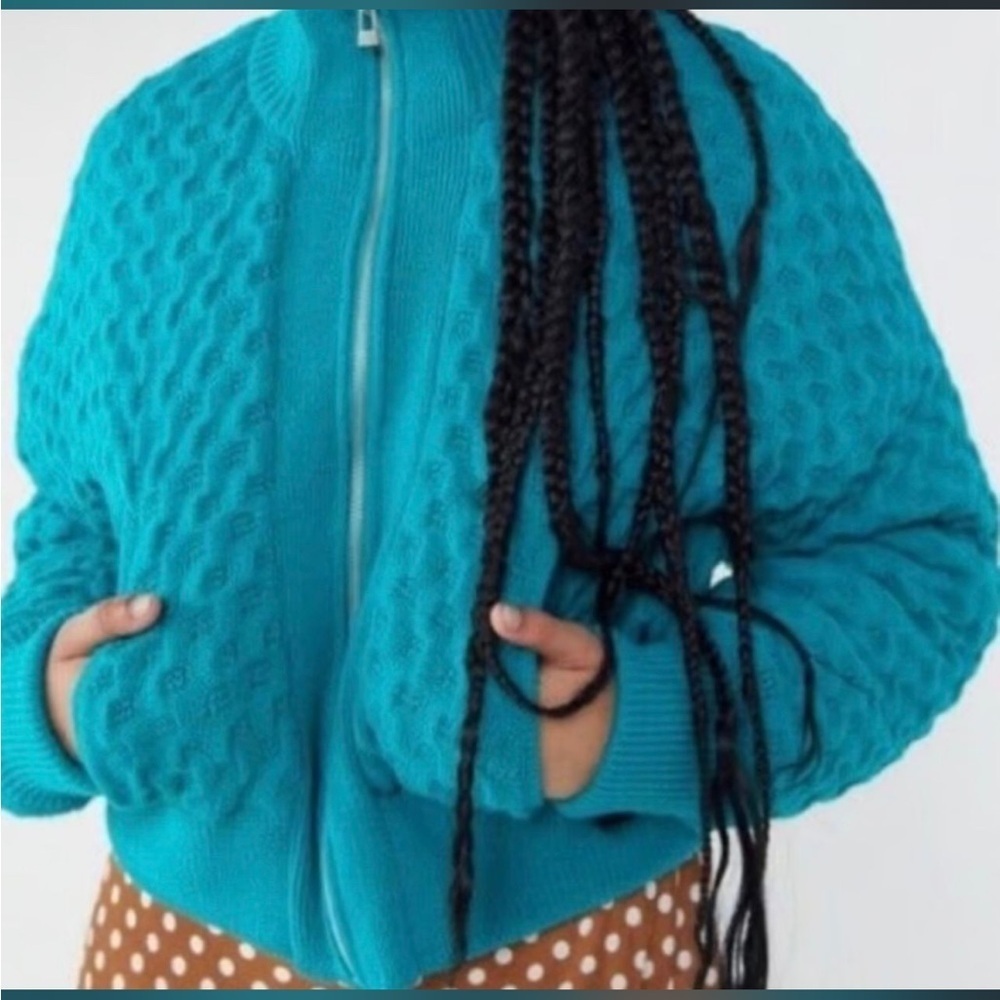 Urban Outfitters Teal Acrylic Textured Knit Zip-Up Puffer Sweater